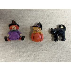 Vintage Halloween Button Covers Witch Pumpkin Cat Enamel 3pc Set Accessories